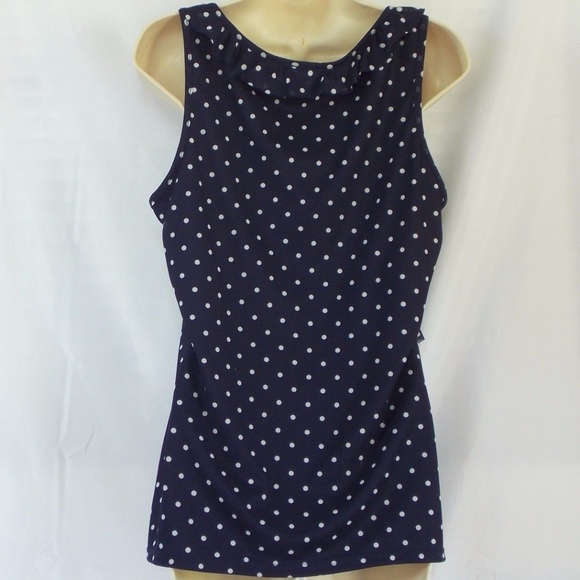 Flirty Navy Top sz L Ruffles and Polka Dots! - Picture 2 of 2